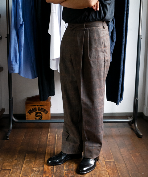 auralee bluefaced wool check wide slacks