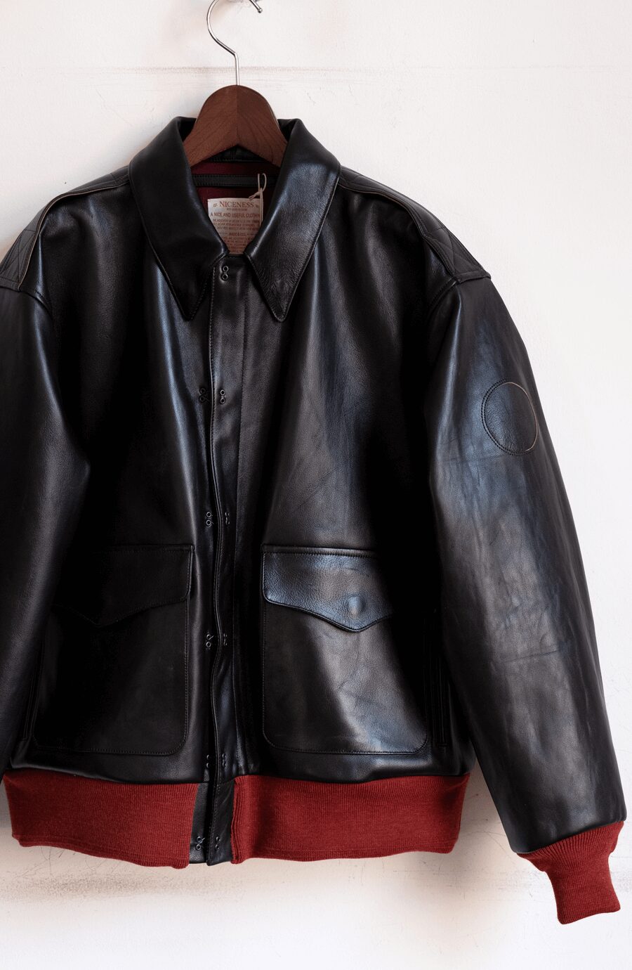 NICENESS　ブラウンコアラムレザー A2ジャケット “MONKMAN” DARK BROWN × RED