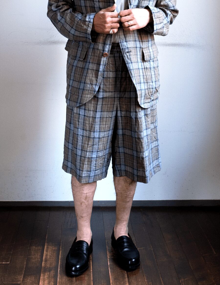ts(s)　Washed Linen Tartan Plaid 3Tuck Baggy Shorts