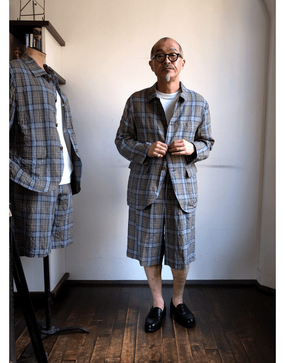 ts(s)　Washed Linen Tartan Plaid 3Tuck Baggy Shorts