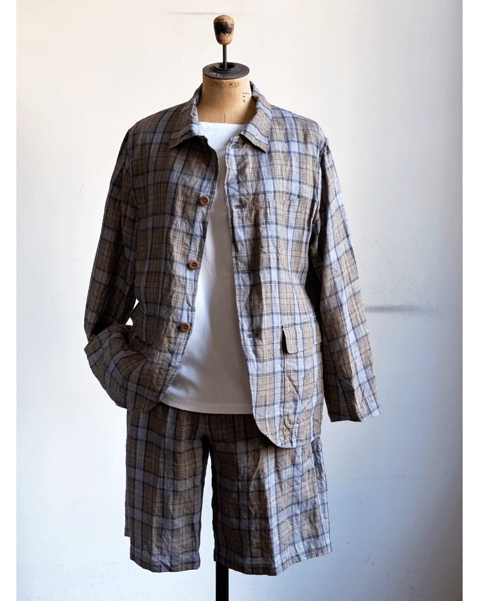 ts(s)　Washed Linen Tartan Plaid Patch＆Flap Shirt Collar Jacket