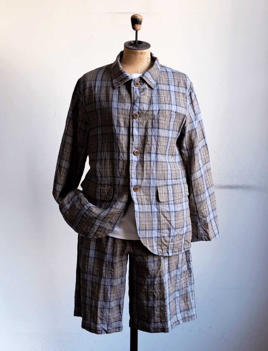 ts(s)　Washed Linen Tartan Plaid Patch＆Flap Shirt Collar Jacket