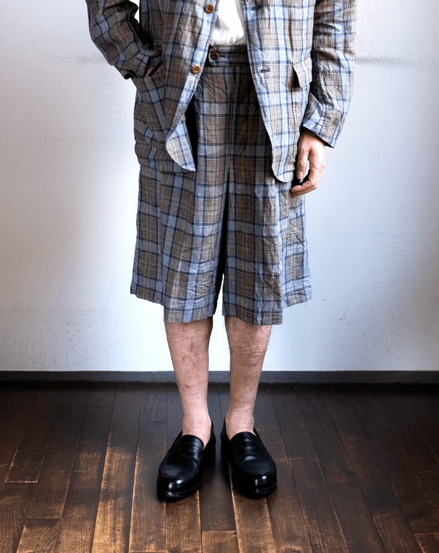 ts(s)　Washed Linen Tartan Plaid 3Tuck Baggy Shorts