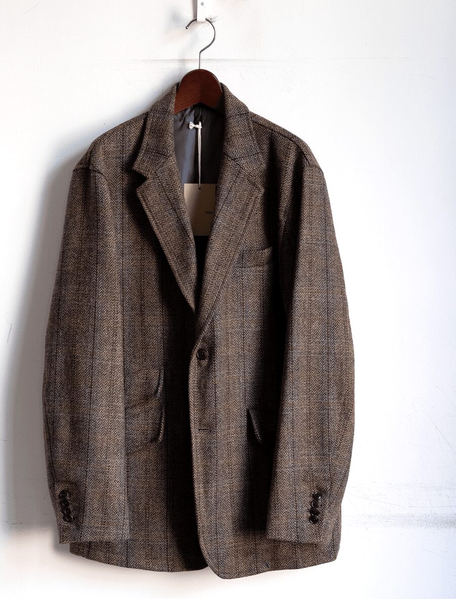 ts(s)　Classic Herringbone Virgin Wool Tweed Cloth 3 Slant Flap Pocket 2 Button Jacket
