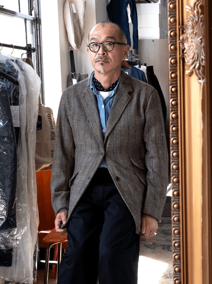 ts(s)　Classic Herringbone Virgin Wool Tweed Cloth 3 Slant Flap Pocket 2 Button Jacket