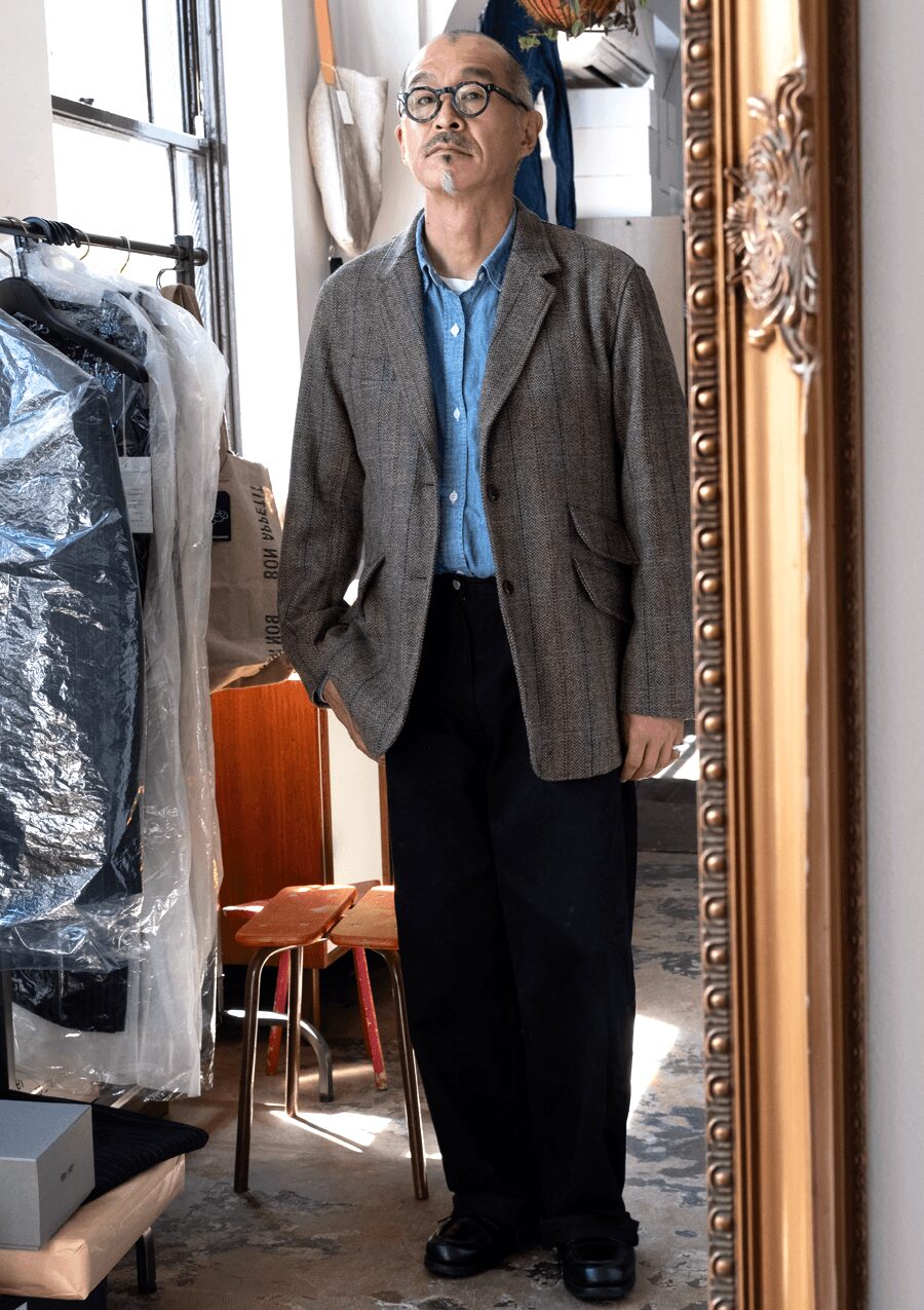 ts(s)　Classic Herringbone Virgin Wool Tweed Cloth 3 Slant Flap Pocket 2 Button Jacket